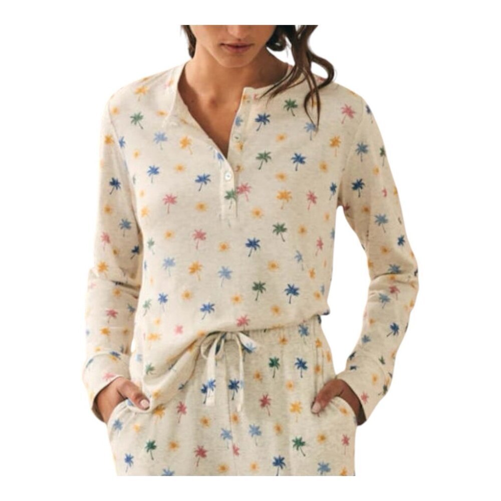 Faherty Cream Long-Sleeve Palm Tree Print Henley Pajama Top